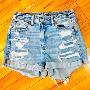 American Eagle Outfitters Light Blue Distressed Denim Roll-Cuff Shorts